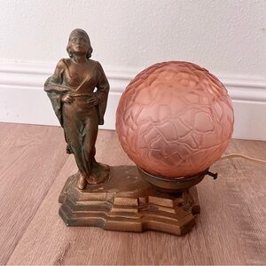 Antique C1920 Art Deco Brass Table Lamp, Women & Textured Pink Glass Globe Shade